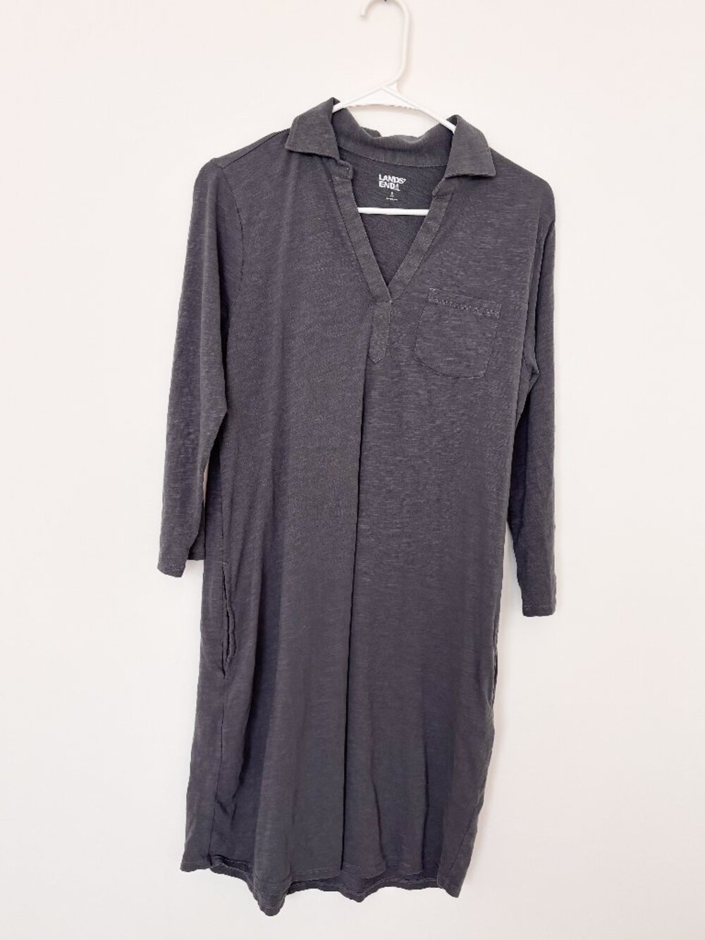 Lands’ End Gray Cotton Polo Midi Dress Small 3/4 Sleeve Coastal Casual